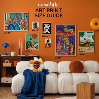 a living room with orange walls and a white couch